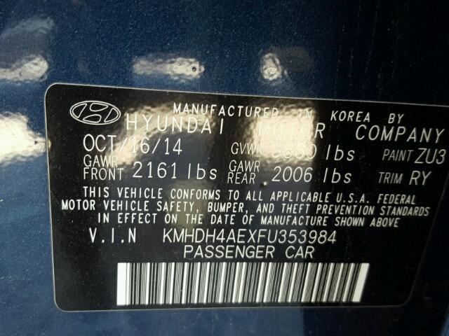 KMHDH4AEXFU353984 - 2015 HYUNDAI ELANTRA SE BLUE photo 10