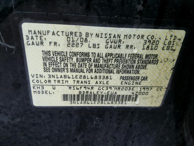 3N1AB61E28L683381 - 2008 NISSAN SENTRA 2.0 BLACK photo 10