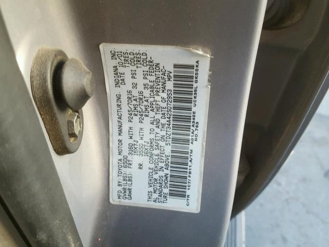 5TDZT34A42S072953 - 2002 TOYOTA SEQUOIA SR GRAY photo 10