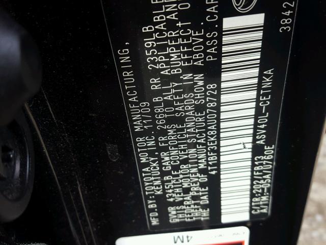 4T1BF3EK8AU078728 - 2010 TOYOTA CAMRY BASE BLACK photo 10