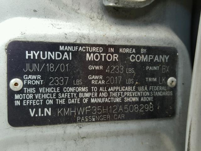 KMHWF35H12A508298 - 2002 HYUNDAI SONATA GLS SILVER photo 10