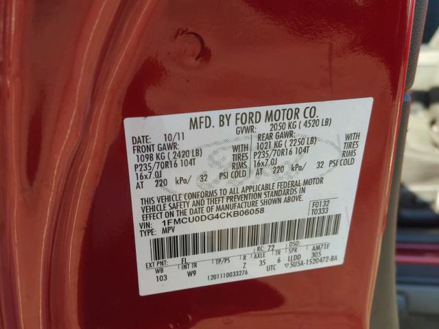 1FMCU0DG4CKB06058 - 2012 FORD ESCAPE XLT RED photo 10