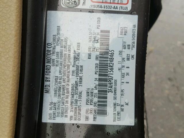 3FAHP07156R248465 - 2006 FORD FUSION SE GRAY photo 10