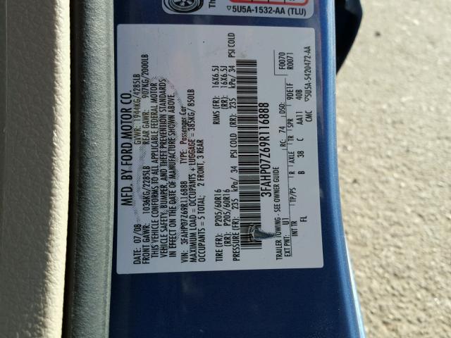 3FAHP07Z69R116888 - 2009 FORD FUSION SE BLUE photo 10