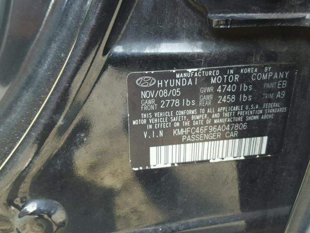 KMHFC46F96A047806 - 2006 HYUNDAI AZERA SE BLACK photo 10