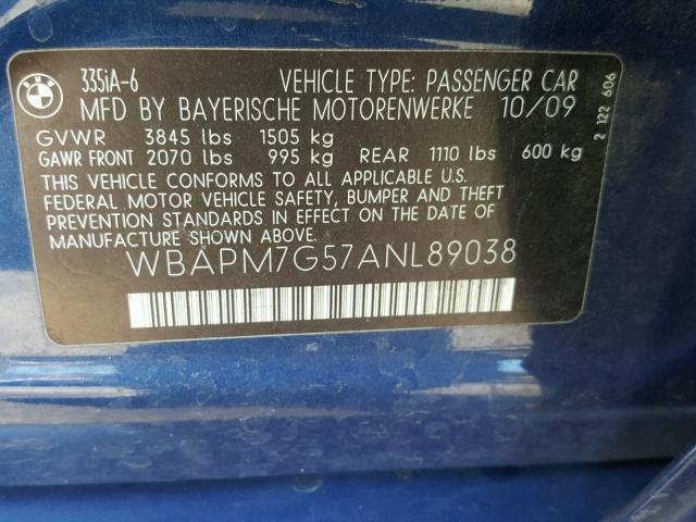 WBAPM7G57ANL89038 - 2010 BMW 335 I BLUE photo 10