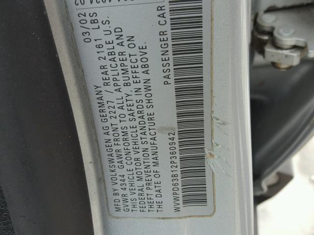 WVWPD63B12P360942 - 2002 VOLKSWAGEN PASSAT GLS SILVER photo 10