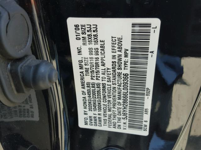 5J6YH28666L009366 - 2006 HONDA ELEMENT EX BLACK photo 10