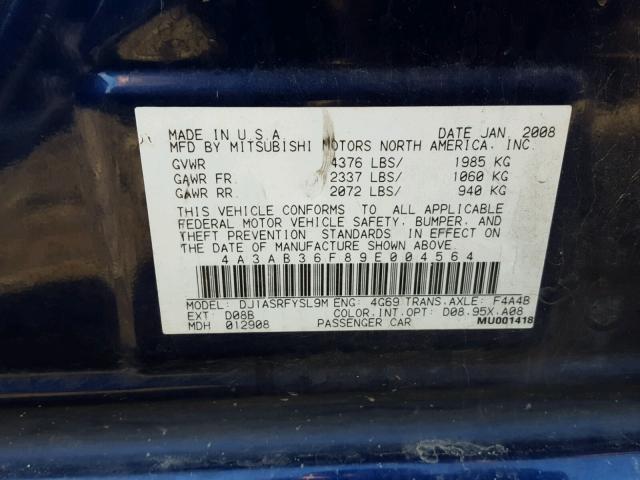 4A3AB36F89E004564 - 2009 MITSUBISHI GALANT ES BLUE photo 10