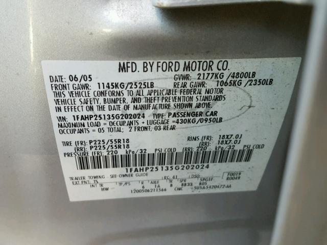 1FAHP25135G202024 - 2005 FORD FIVE HUNDR SILVER photo 10