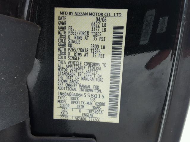 1N6BA06A86N558015 - 2006 NISSAN TITAN XE BLACK photo 10