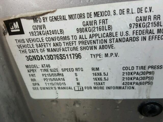 3GNDA13D76S511796 - 2006 CHEVROLET HHR LS Plata foto 10