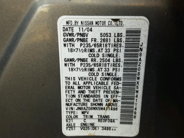 JN8AZ08WX5W411496 - 2005 NISSAN MURANO SL GRAY photo 10