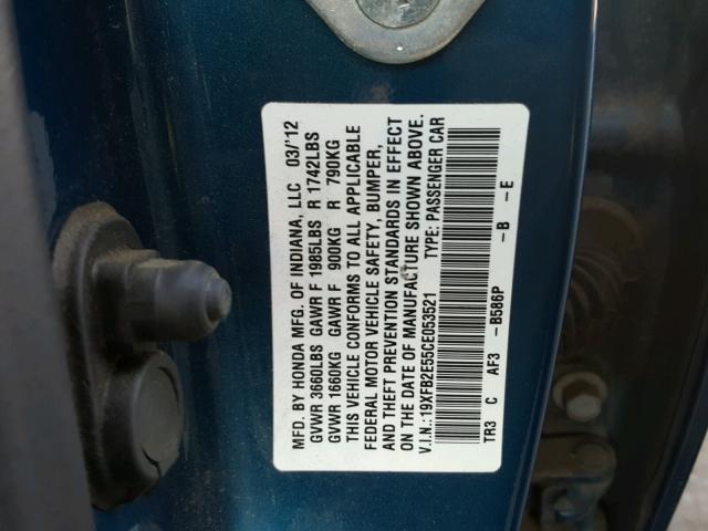 19XFB2E55CE053521 - 2012 HONDA CIVIC LX BLUE photo 10