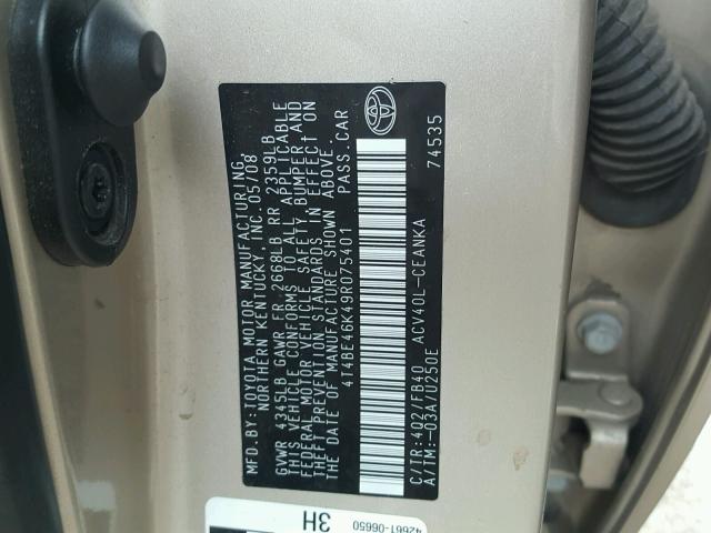 4T4BE46K49R075401 - 2009 TOYOTA CAMRY BASE BEIGE photo 10