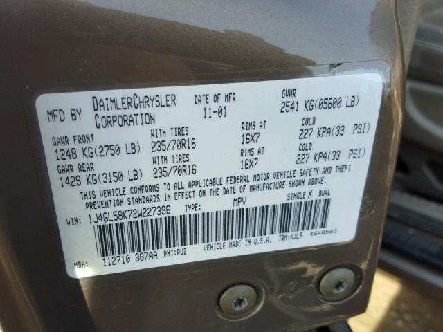 1J4GL58K72W227396 - 2002 JEEP LIBERTY LI BROWN photo 10