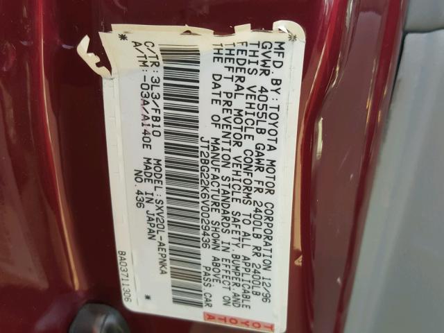 JT2BG22K6V0029436 - 1997 TOYOTA CAMRY LE RED photo 10