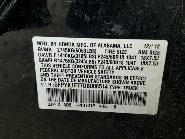 5FPYK1F77DB006514 - 2013 HONDA RIDGELINE BLACK photo 10