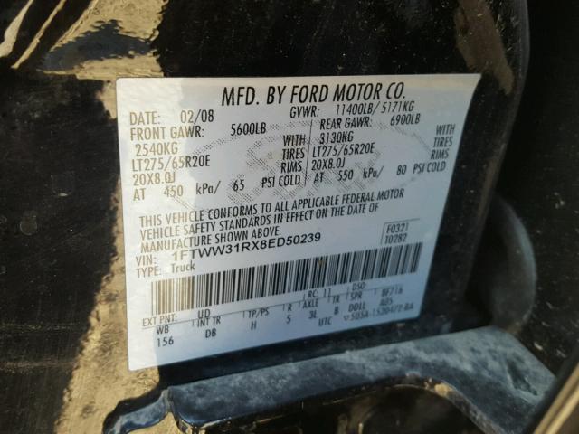 1FTWW31RX8ED50239 - 2008 FORD F350 SRW S BLACK photo 10