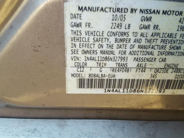 1N4AL11D86N327993 - 2006 NISSAN ALTIMA S TAN photo 10