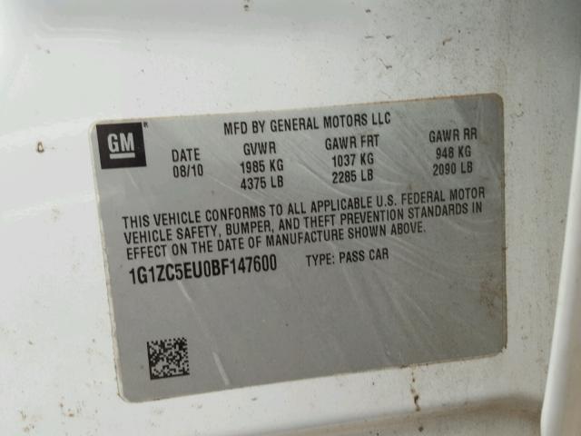 1G1ZC5EU0BF147600 - 2011 CHEVROLET MALIBU 1LT WHITE photo 10