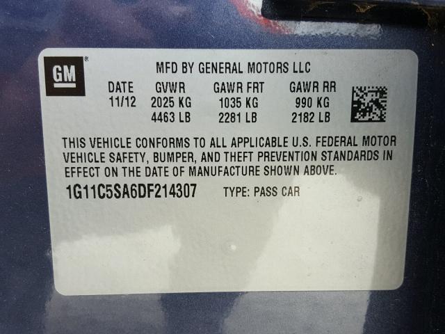 1G11C5SA6DF214307 - 2013 CHEVROLET MALIBU 1LT 紫色 照片 10