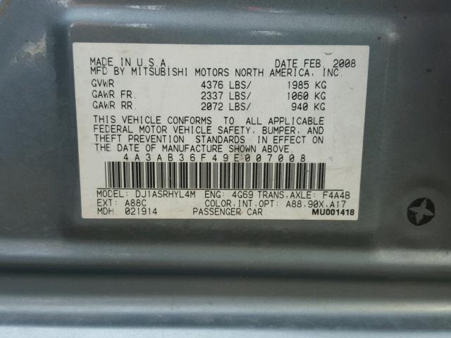 4A3AB36F49E007008 - 2009 MITSUBISHI GALANT ES GRAY photo 10