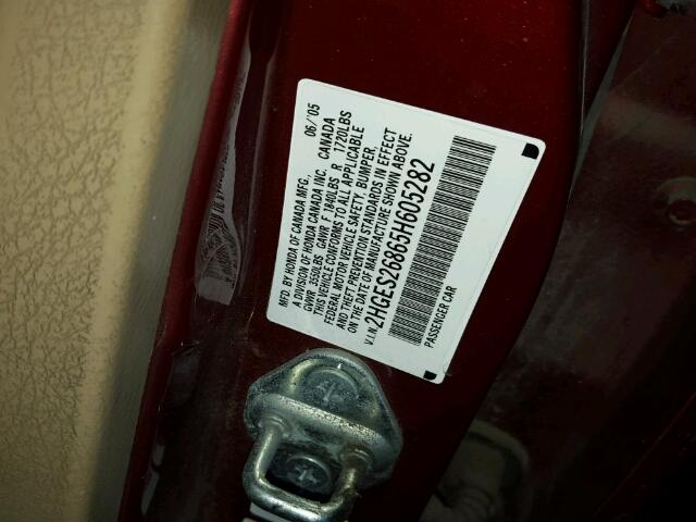 2HGES26865H605282 - 2005 HONDA CIVIC EX MAROON photo 10