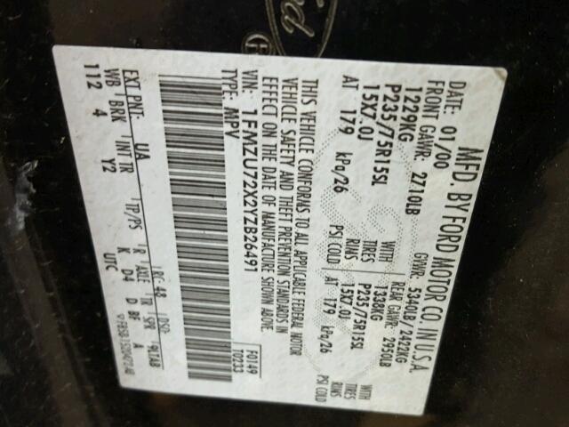 1FMZU72X2YZB26491 - 2000 FORD EXPLORER X BLACK photo 10