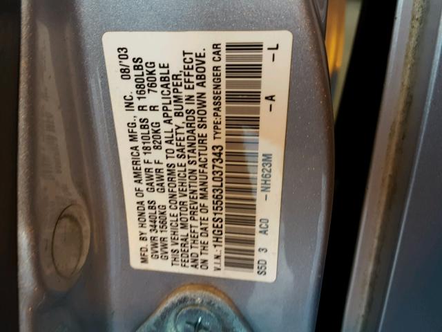 1HGES15563L037343 - 2003 HONDA CIVIC LX SILVER photo 10