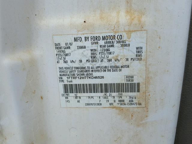 1FTRF12W77KD46526 - 2007 FORD F150 WHITE photo 10