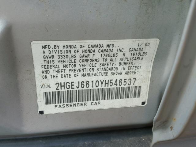 2HGEJ6610YH546537 - 2000 HONDA CIVIC BASE 银色 照片 10