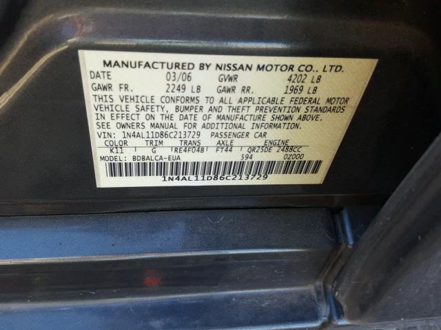 1N4AL11D86C213729 - 2006 NISSAN ALTIMA S GRAY photo 10