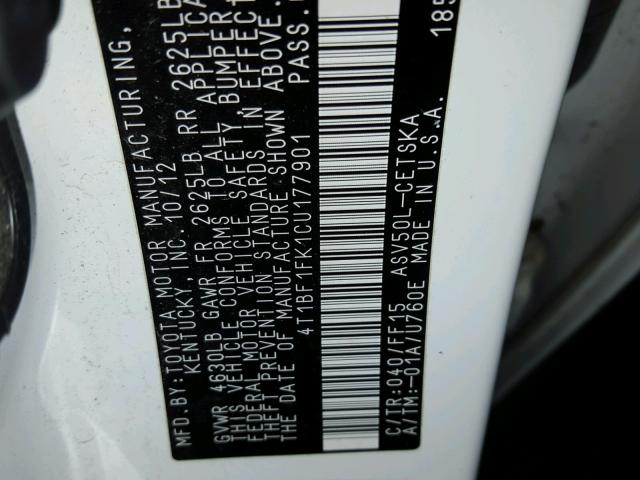 4T1BF1FK1CU177901 - 2012 TOYOTA CAMRY BASE WHITE photo 10