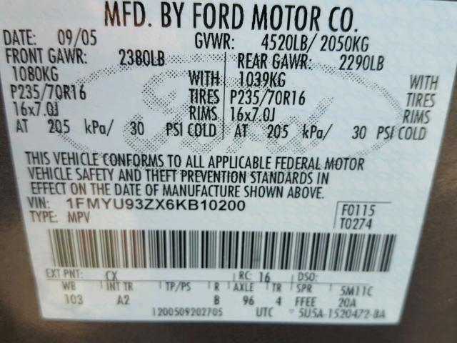 1FMYU93ZX6KB10200 - 2006 FORD ESCAPE XLT CHARCOAL photo 10