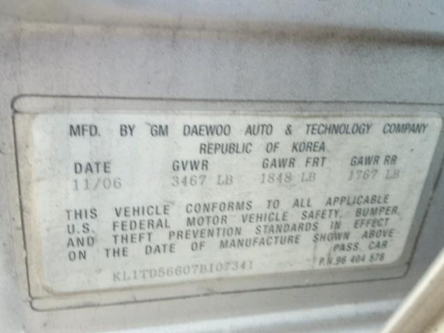 KL1TD56607B107341 - 2007 CHEVROLET AVEO BASE Күміс фото 10