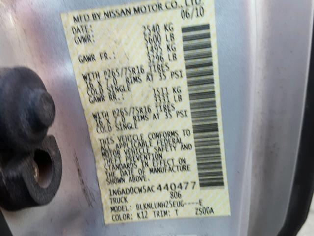 1N6AD0CW5AC440477 - 2010 NISSAN FRONTIER K SILVER photo 10