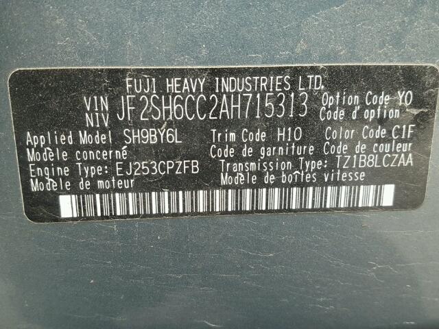 JF2SH6CC2AH715313 - 2010 SUBARU FORESTER 2 BLUE photo 10