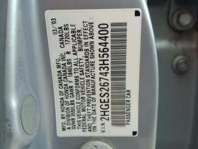 2HGES26743H564400 - 2003 HONDA CIVIC EX SILVER photo 10