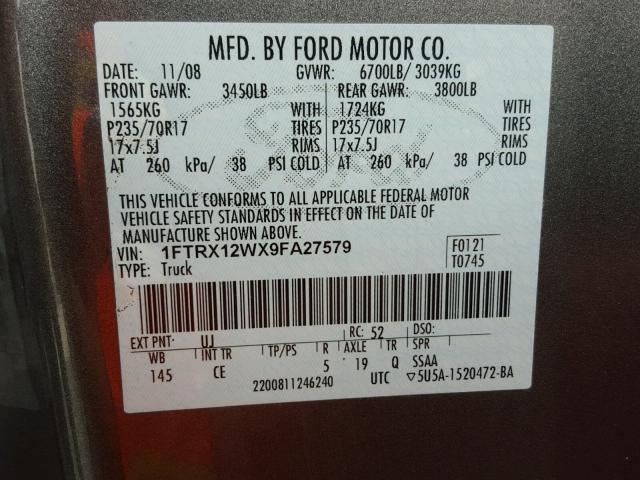 1FTRX12WX9FA27579 - 2009 FORD F150 SUPER GRAY photo 10