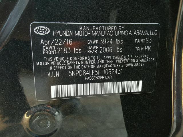 5NPD84LF5HH062431 - 2017 HYUNDAI ELANTRA SE BLACK photo 10