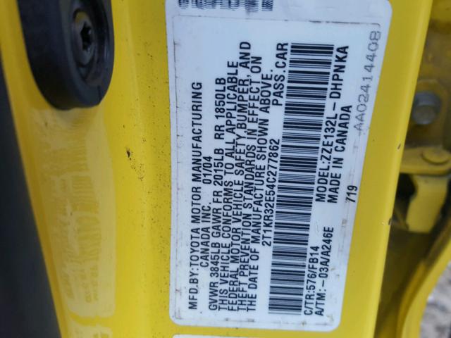 2T1KR32E54C277862 - 2004 TOYOTA MATRIX XR YELLOW photo 10