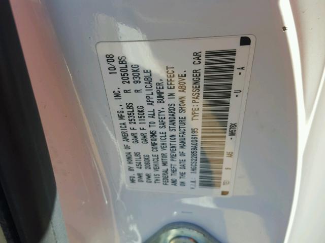 1HGCS22859A006195 - 2009 HONDA ACCORD EXL WHITE photo 10