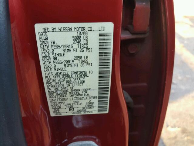 5N1ED28T11C529389 - 2001 NISSAN XTERRA XE RED photo 10