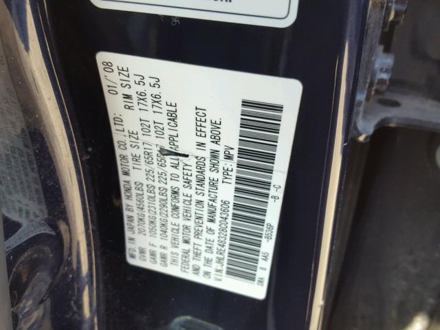 JHLRE48328C043606 - 2008 HONDA CR-V LX BLUE photo 10