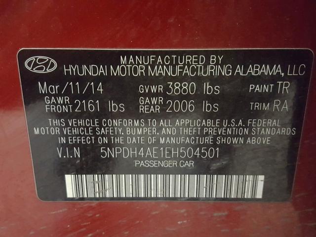 5NPDH4AE1EH504501 - 2014 HYUNDAI ELANTRA SE RED photo 10