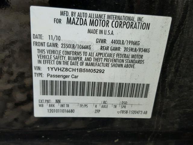 1YVHZ8CH1B5M05292 - 2011 MAZDA 6 I BLACK photo 10