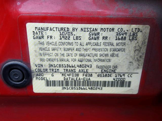 3N1CB51D66L480243 - 2006 NISSAN SENTRA 1.8 RED photo 10