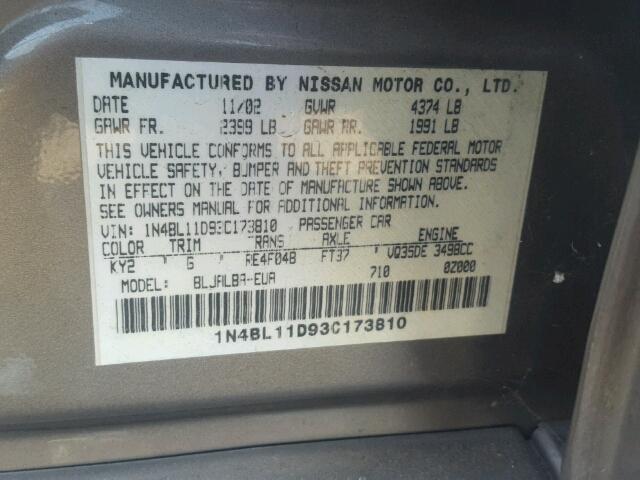 1N4BL11D93C173810 - 2003 NISSAN ALTIMA SE GRAY photo 10