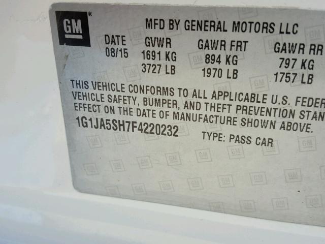 1G1JA5SH7F4220232 - 2015 CHEVROLET SONIC LS Սպիտակ լուսանկար 10